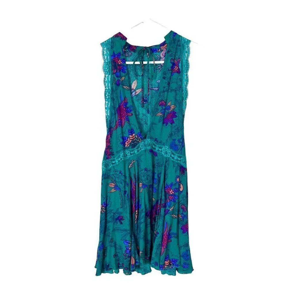 Free People Floral Oversized Mini Slip Dress Turquoise Green XS She Moves Boho
